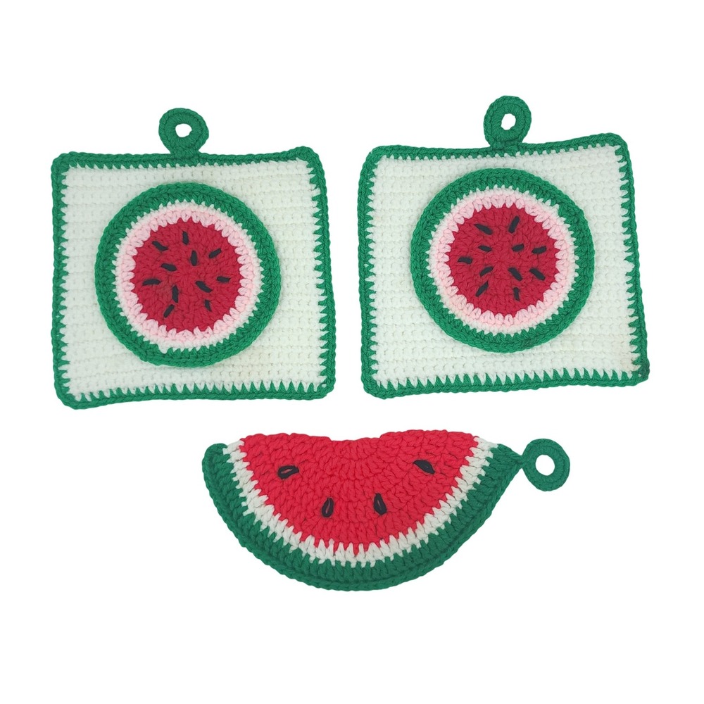 VTG Handmade Crochet Watermelon Potholders (Set of 3) Retro Kitchen Decor KITSCH